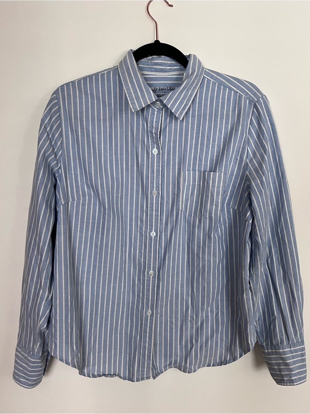 St. John's Bay 100% Cotton Light Blue and White Striped Button-Down Shirt